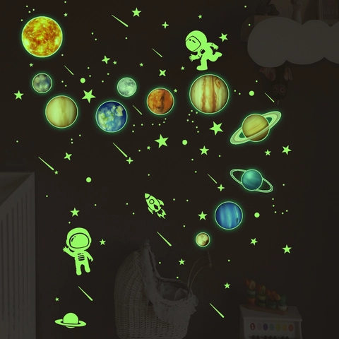 Pegatinas De Pared Del Sistema Solar Luminosas PVC Planetas Astronauta Estrellas Que Brillan En La Oscuridad Niños