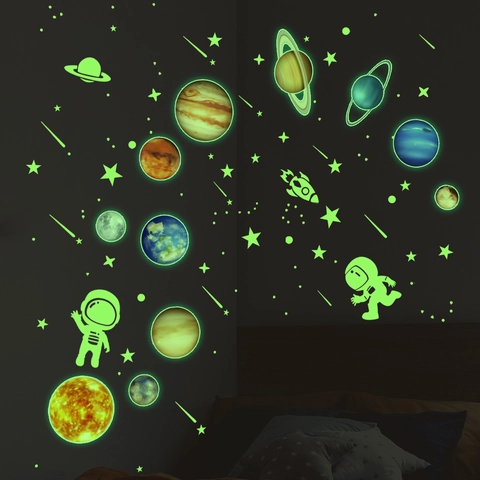 Pegatinas De Pared Del Sistema Solar Luminosas PVC Planetas Astronauta Estrellas Que Brillan En La Oscuridad Niños