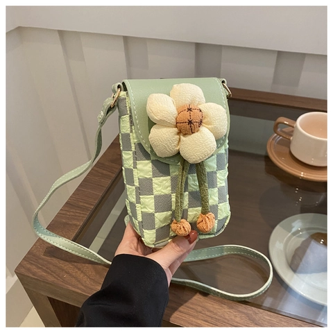 Bolso Bandolera Para Teléfono Mujer Patrón Tablero Ajedrez Flor Mini Bolsa Hombro Estilo Coreano Dulce Solapa