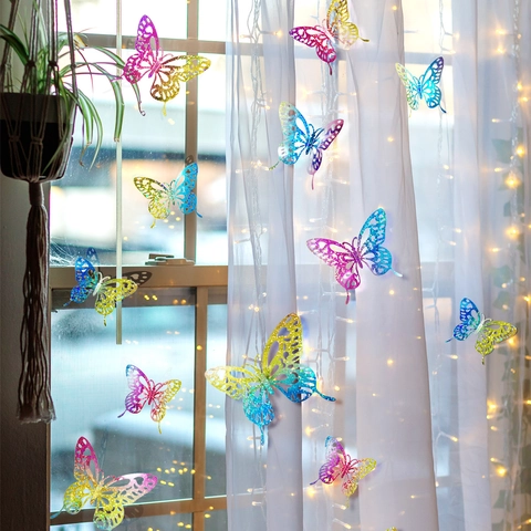 Iridescent Hollow 3D Butterfly Wall Stickers Metallic Gradient PET Decorative Butterfly Decals For Living Room Party Home Decor