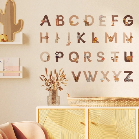 Autocollants Muraux Alphabet Anglais ABC Animaux de Dessin Animé en PVC Auto-Adhésifs pour Décoration Chambre d'Enfant