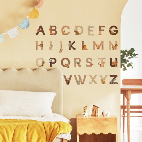 Autocollants Muraux Alphabet Anglais ABC Animaux de Dessin Animé en PVC Auto-Adhésifs pour Décoration Chambre d'Enfant