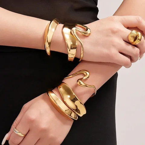 Brazalete Abierto de Acero Inoxidable Curva en S Brazalete Geométrico Textura de Onda Joyería de Moda Minimalista para Mujer