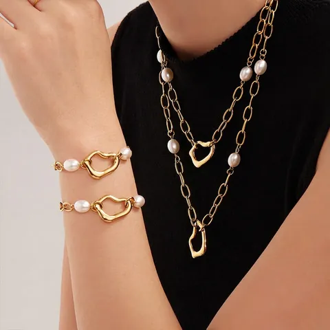Collana E Bracciale Con Pendente A Cuore Irregolare In Acciaio Inossidabile Placcato Oro Con Künstliche Perle Sintetiche Elegante