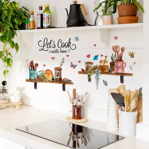 Adesivo da Parete per Cucina ad Acquerello Con Scritta Let's Cook With Love Farfalla Vaso di Miele Pattern PVC Adesivo