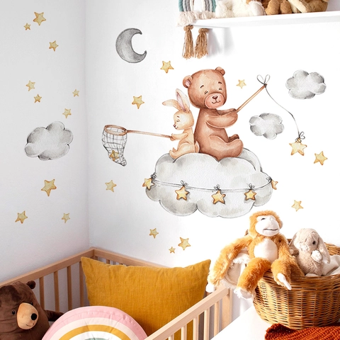 Aquarell Cartoon Bär Hase Wolke Wandaufkleber PVC Selbstklebend Mond Sterne Dekoration Für Kinderzimmer