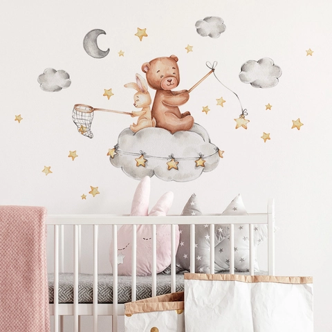 Aquarell Cartoon Bär Hase Wolke Wandaufkleber PVC Selbstklebend Mond Sterne Dekoration Für Kinderzimmer