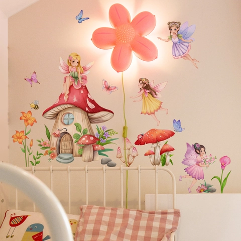 Cartoon Fee Pilzhaus Wandaufkleber Für Kinderzimmer Kindergarten PVC Selbstklebend Schmetterling Blumen Wandtattoos Deko
