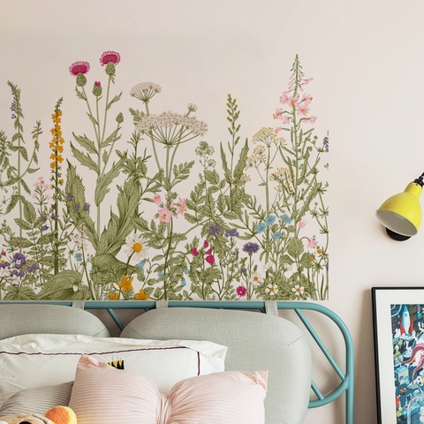 Adesivi Murali Botanici con Fiori Selvatici PVC Pittura a Mano Decalcomanie Floreali per Camera da Letto Soggiorno Nursery Decorazione