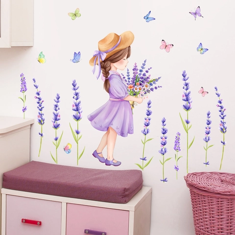 Lavender Butterfly Cartoon Girl Wall Stickers PVC Self Adhesive Removable Decals For Kids Bedroom Nursery Living Room Home Decor