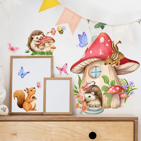 Pegatinas De Pared Erizo Ardilla Hongo PVC Impermeable Dibujos Animados Animales Del Bosque Decoración Cuarto Niños