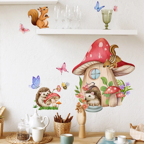 Pegatinas De Pared Erizo Ardilla Hongo PVC Impermeable Dibujos Animados Animales Del Bosque Decoración Cuarto Niños
