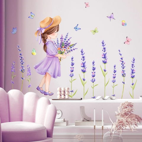 Lavender Butterfly Cartoon Girl Wall Stickers PVC Self Adhesive Removable Decals For Kids Bedroom Nursery Living Room Home Decor