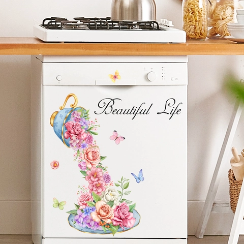 Floral Teacup Wall Sticker PVC Waterproof Self Adhesive Beautiful Life Letter Decal For Kitchen Dining Room Decor