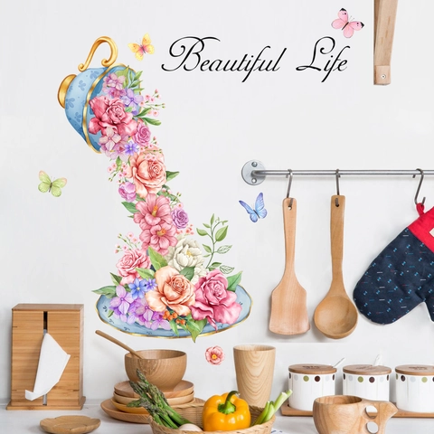 Floral Teacup Wall Sticker PVC Waterproof Self Adhesive Beautiful Life Letter Decal For Kitchen Dining Room Decor