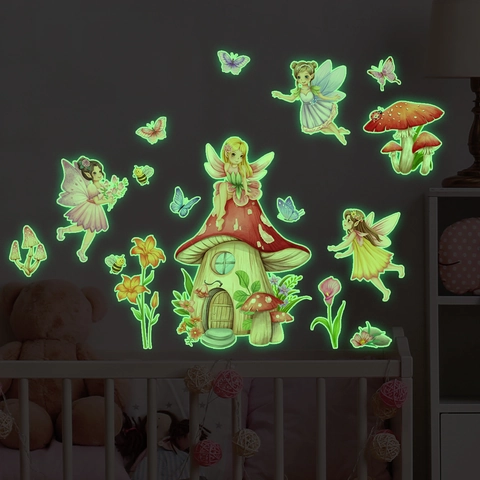 Autocollants Muraux Lumineux Fée Maison Champignon Papillon Fluorescent PVC Auto-Adhésif Décor Pour Chambre Enfant
