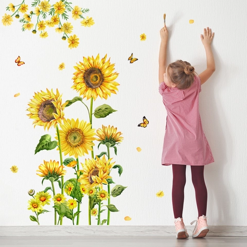 Adesivi Murali Girasole Farfalla PVC Impermeabile Removibile Acquerello Arte Decalcomanie Per Soggiorno Camera Da Letto Arredamento