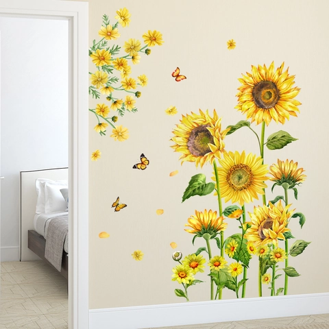 Adesivi Murali Girasole Farfalla PVC Impermeabile Removibile Acquerello Arte Decalcomanie Per Soggiorno Camera Da Letto Arredamento