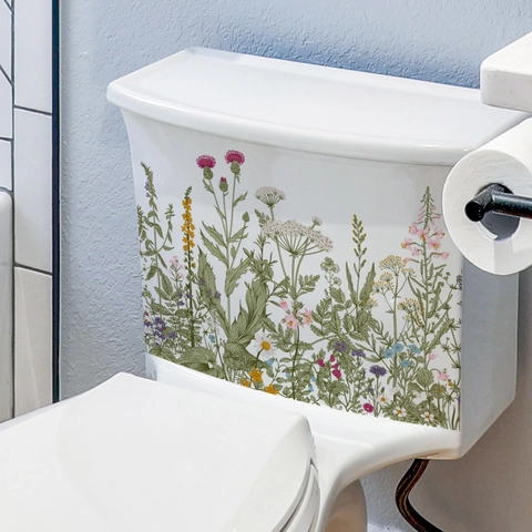 Floral Toilet Sticker Waterproof PVC Removable Flower Wall Decal For Bathroom Tank Shoe Cabinet Pastoral Style