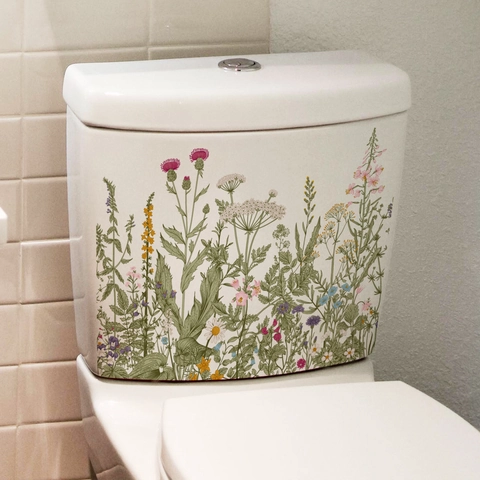 Floral Toilet Sticker Waterproof PVC Removable Flower Wall Decal For Bathroom Tank Shoe Cabinet Pastoral Style