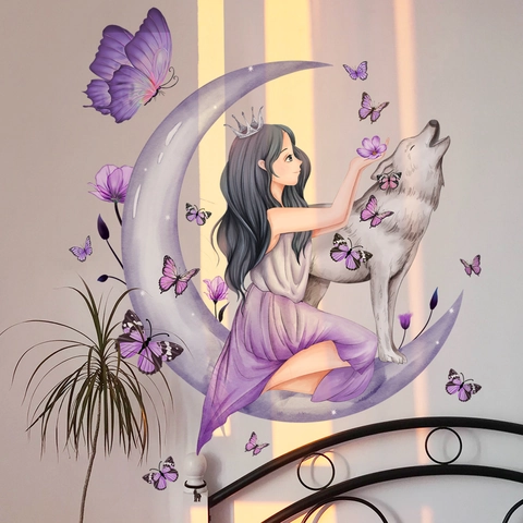 Paarse Maanfee Meisje En Wolf Muurstickers PVC Zelfklevend Dromerige Cartoon Stickers Voor Kinderkamer Decoratie