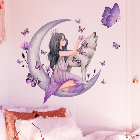 Dreamy Moon Girl Wolf Wall Sticker PVC Waterproof Fairy Tale Decal Bedroom Childrens Room Decor Purple Butterfly Decorative