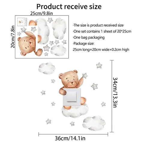 Pegatina Para Interruptor Oso Nube Estrella Dibujos Animados PVC Acuarela Vinilo Pared Para Dormitorio Infantil Decoración