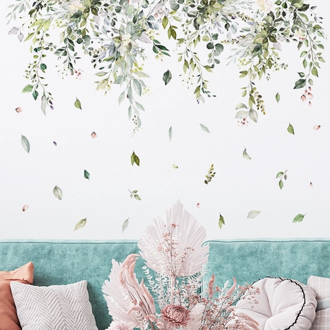 Stickers Muraux Fleurs Vigne Verte Avec Papillon 3D PVC Amovible Étanche Décoration Pour Salon Chambre Moderne Nature