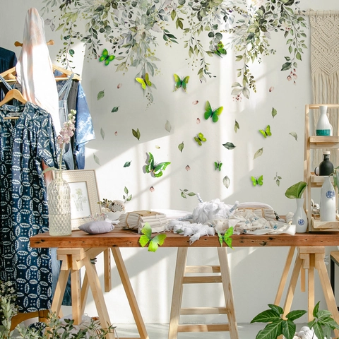Watercolor Green Plant Leaves Vine Wall Stickers With 3D Butterflies Decals Removable PVC Wall Mural For Living Room Bedroom Bathroom Home Decor