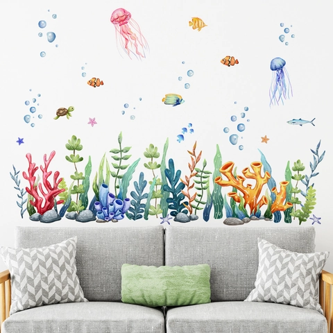 Ozean Meerestiere Wandtattoo PVC Aquarell Quallen Fische Korallen Algen Aufkleber Für Kinderzimmer Bad Deko