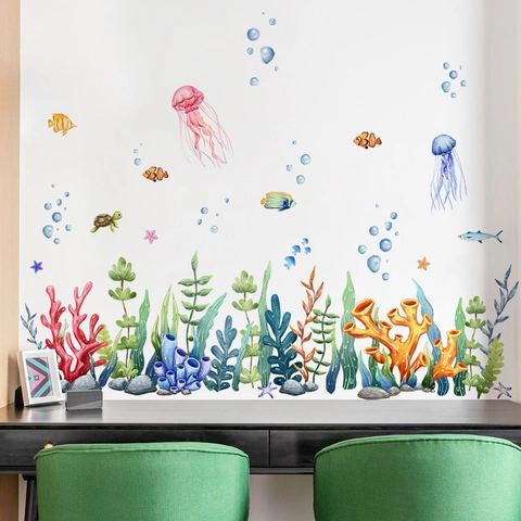 Ozean Meerestiere Wandtattoo PVC Aquarell Quallen Fische Korallen Algen Aufkleber Für Kinderzimmer Bad Deko