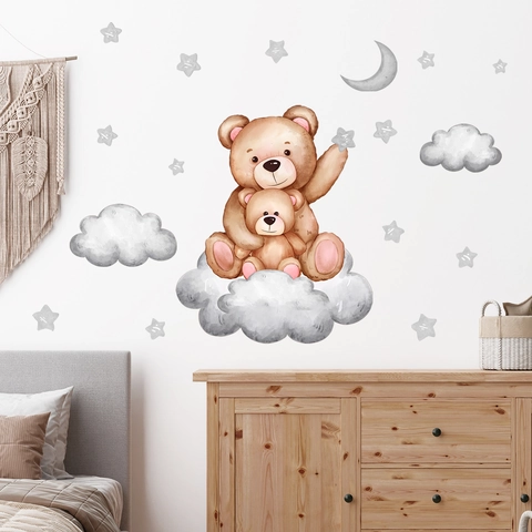 Adesivi Murali Orsetto Cartone Animato Acquerello PVC Rimovibile Nuvola Stella Luna Per Cameretta Bambini