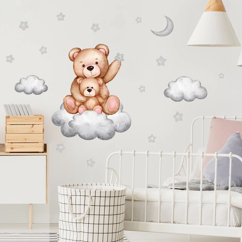 Adesivi Murali Orsetto Cartone Animato Acquerello PVC Rimovibile Nuvola Stella Luna Per Cameretta Bambini