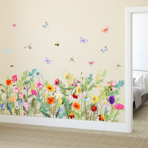 Watercolor Flower Garden Butterfly Wall Stickers PVC Waterproof Self Adhesive Decals For Living Room Bedroom Nursery Decor