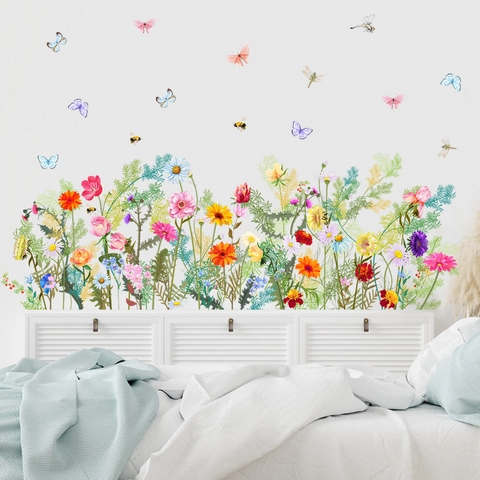 Watercolor Flower Garden Butterfly Wall Stickers PVC Waterproof Self Adhesive Decals For Living Room Bedroom Nursery Decor