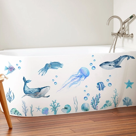 Adesivi Murali Creature Marine Acquerello Balena Medusa Corallo PVC Impermeabile Decorazione Bagno Vasca Decalcomanie