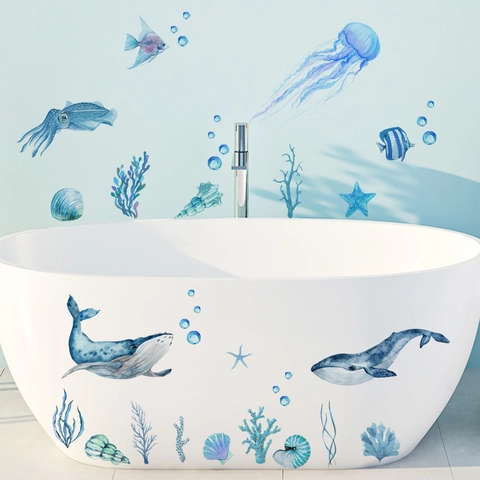 Adesivi Murali Creature Marine Acquerello Balena Medusa Corallo PVC Impermeabile Decorazione Bagno Vasca Decalcomanie