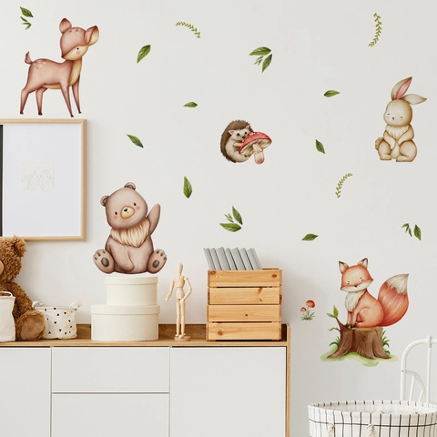 Adesivi Murali Animali Del Bosco Acquerello PVC Rimovibile Cartone Animato Orso Volpe Cervo Per Cameretta Bambini