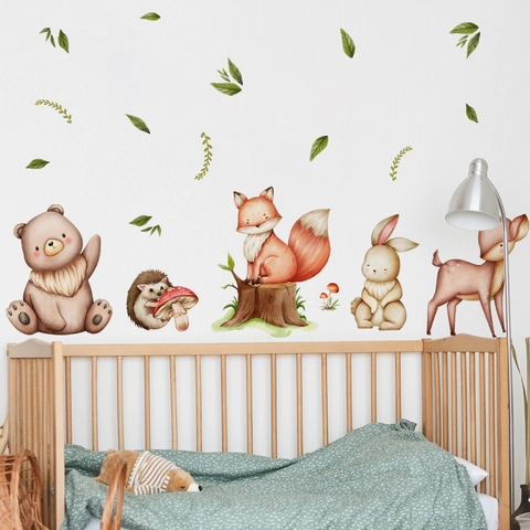 Adesivi Murali Animali Del Bosco Acquerello PVC Rimovibile Cartone Animato Orso Volpe Cervo Per Cameretta Bambini
