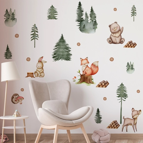 Stickers Muraux Animaux De La Forêt Amovibles PVC Aquarelle Renard Cerf Ours Pin Pour Décor De Chambre D'enfant