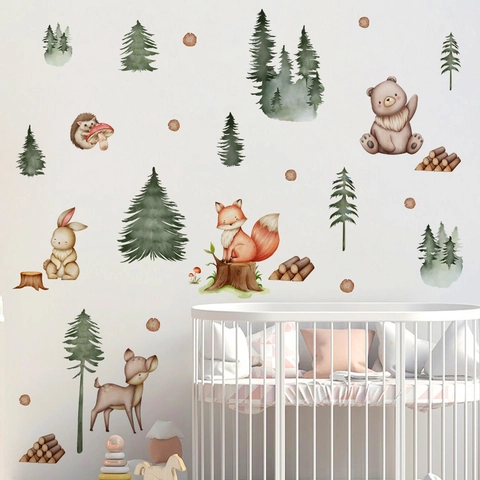Stickers Muraux Animaux De La Forêt Amovibles PVC Aquarelle Renard Cerf Ours Pin Pour Décor De Chambre D'enfant