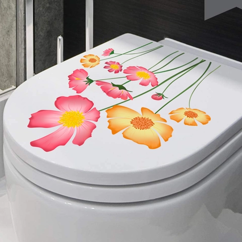 Floral Toilet Lid Sticker Removable PVC Pink Orange Cosmos Flowers Waterproof Bathroom Decor Toilet Seat Decoration Decal