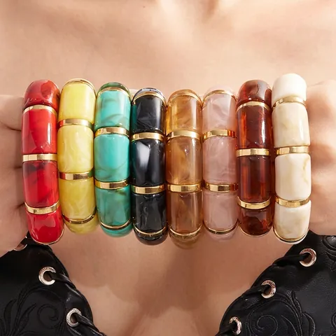 Chunky Resin Bamboo Bracelet With Stainless Steel Spacers Bohemian Marble Pattern Stackable Elastic Bangle Jewelry For Women