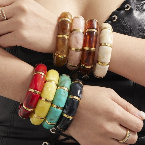Vintage Resin Stainless Steel Bamboo Joint Stretch Bracelet For Women Marble Pattern Colorful Elastic Bangle Jewelry