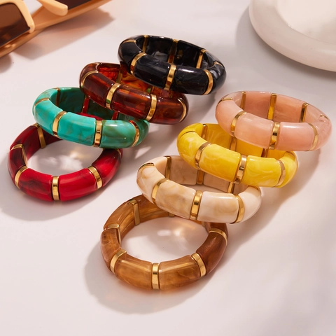 Vintage Resin Stainless Steel Bamboo Joint Stretch Bracelet For Women Marble Pattern Colorful Elastic Bangle Jewelry