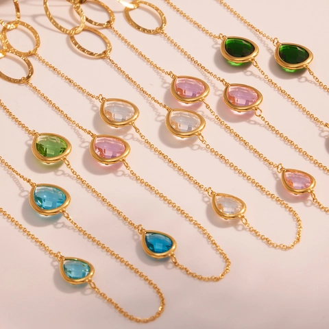 Long Sweater Chain Necklace Stainless Steel Faceted Waterdrop Glass Stone Hollow Ring Fashion Jewelry For Women