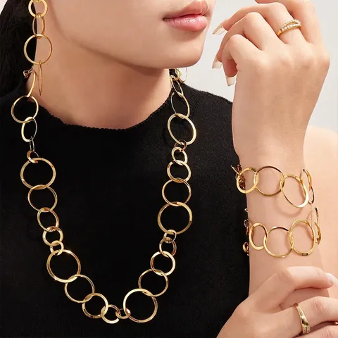 Gioielli Collana Bracciale Orecchini Acciaio Inossidabile Cerchi Geometrici Incastrati Placcato Oro 18K Minimalista