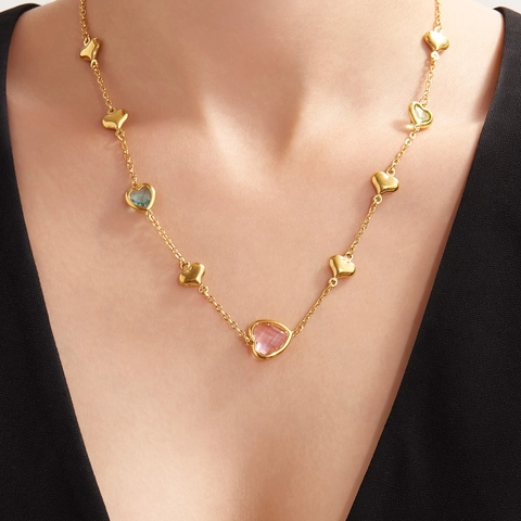 Stainless Steel Hollow Heart Pendant Necklace Faceted Glass Stone 18K Gold Plated Adjustable Charm Chain Jewelry For Women Gift