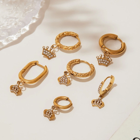 Edelstahl Gold Überzogene Krone Anhänger Reifen Ohrringe Für Damen Luxus Zirkonia Eingelegt Royal Stil Modeschmuck