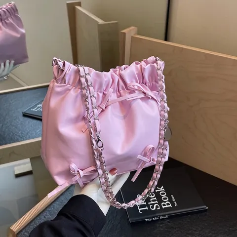 Bolso Bombonera con Lazo y Cordón para Mujer Cuero PU Suave Cadena Hombro Bandolera Estilo Coreano Dulce Plisado Bolso Nube